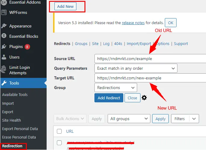 Redirecting a URL on WordPress with the Redirection plugin