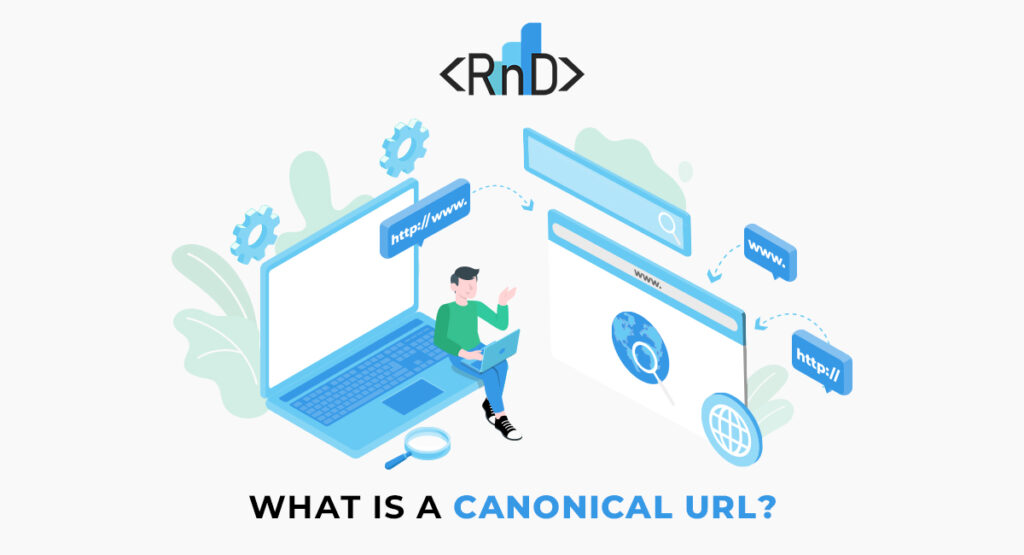 A person sitting on a laptop surrounded by different assets that explain what canonical URL is