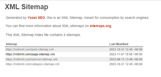 An image of how the sitemap looks like on our website, generated by Yoast SEO