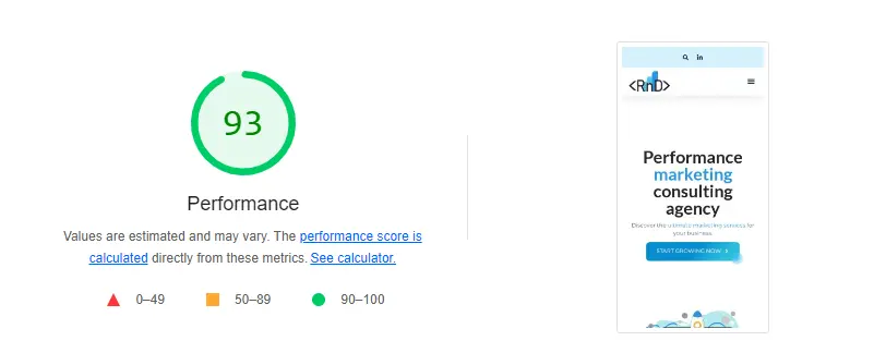 A performance of 93 on PageSpeed Insights by Google