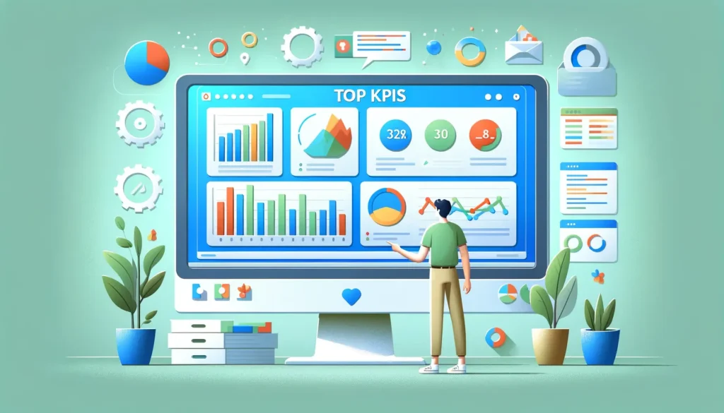 A man standing infront of a screen with KPIs