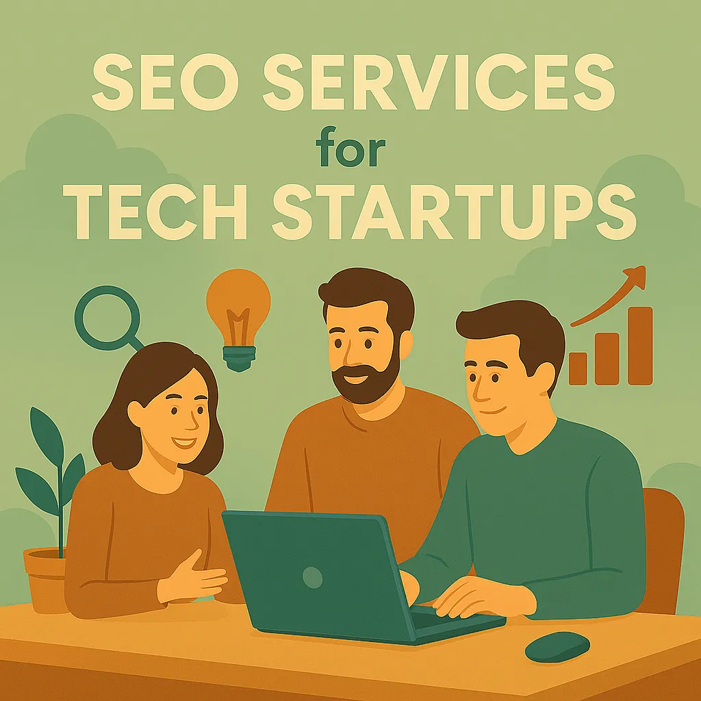 Three tech startup team members collaborating on a laptop with SEO strategy icons in the background.