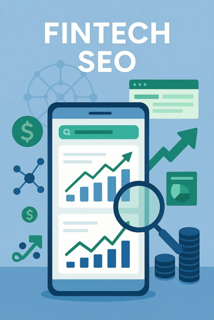 Illustration of FinTech SEO showing financial graphs, search icons, and online visibility elements