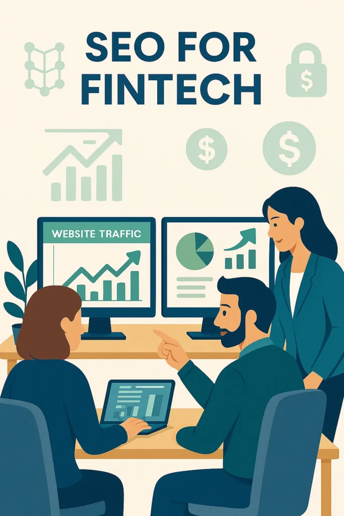 Illustration of a team analyzing SEO and financial data on screens in a FinTech office