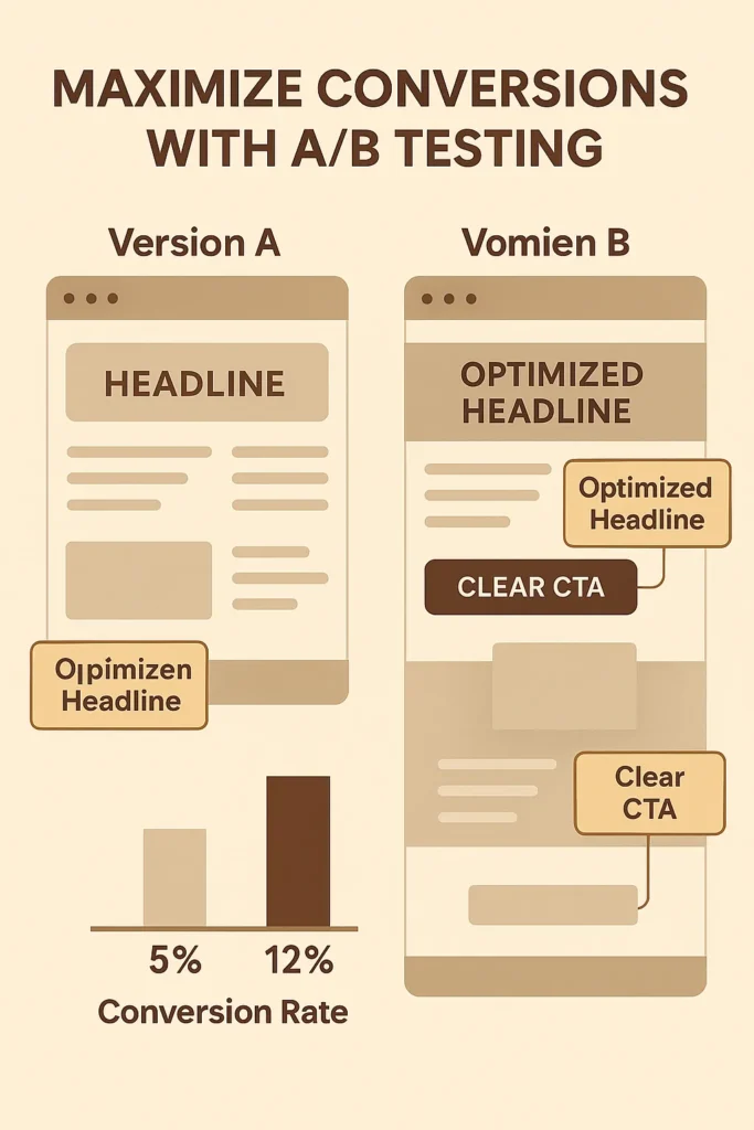 Split-screen infographic comparing two landing page versions with conversion rates and optimized elements.
