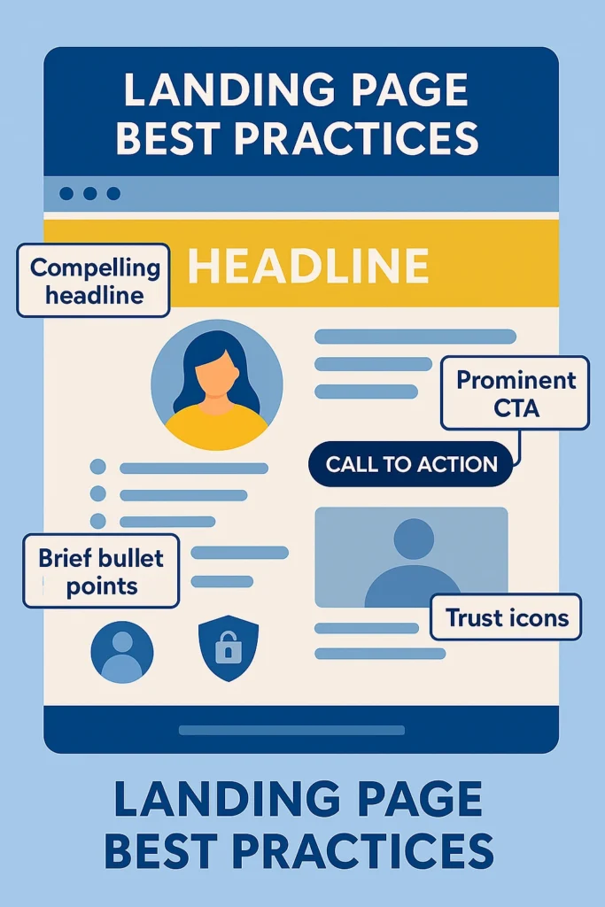 Illustration of a landing page layout with callouts for headline, CTA, bullet points, and trust icons.