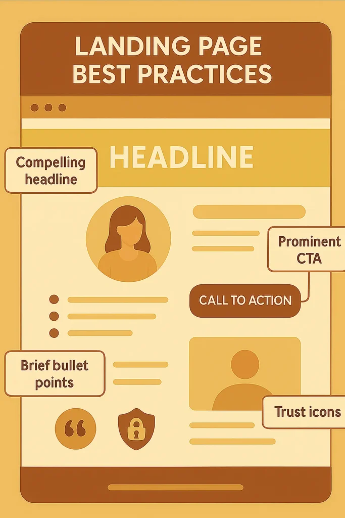 Infographic of landing page best practices with headline, bullet points, CTA, and trust icons.