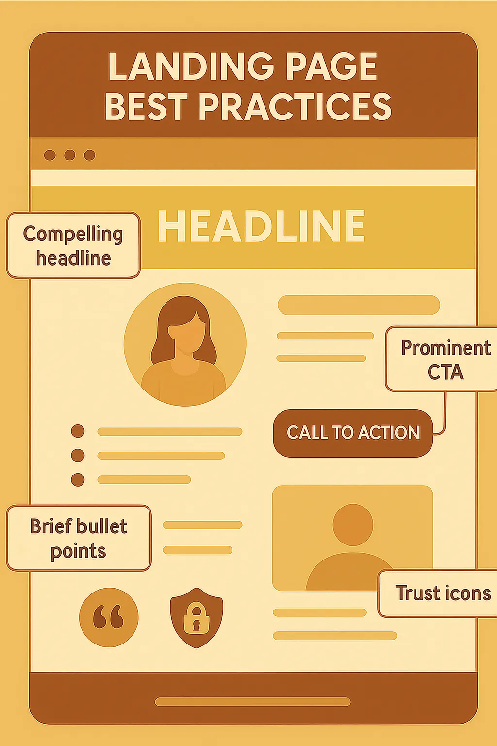 Infographic of landing page best practices with headline, bullet points, CTA, and trust icons.