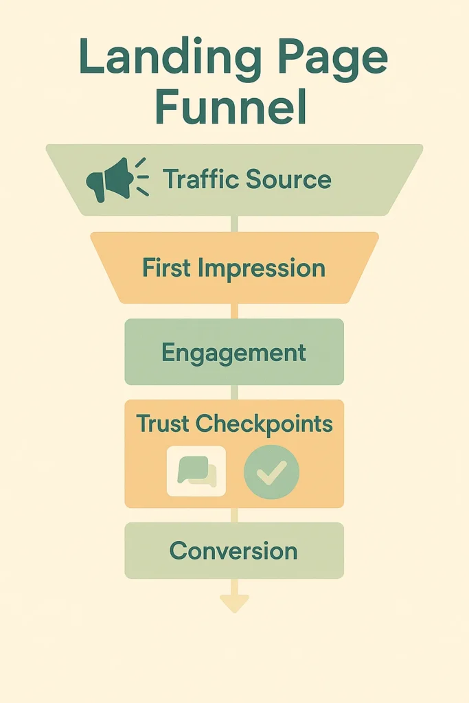 Infographic showing a landing page funnel from traffic source to conversion with labeled pastel stages.