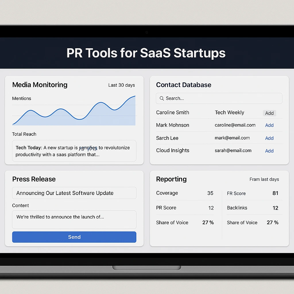 a dashboard showcasing PR tools for SaaS startups