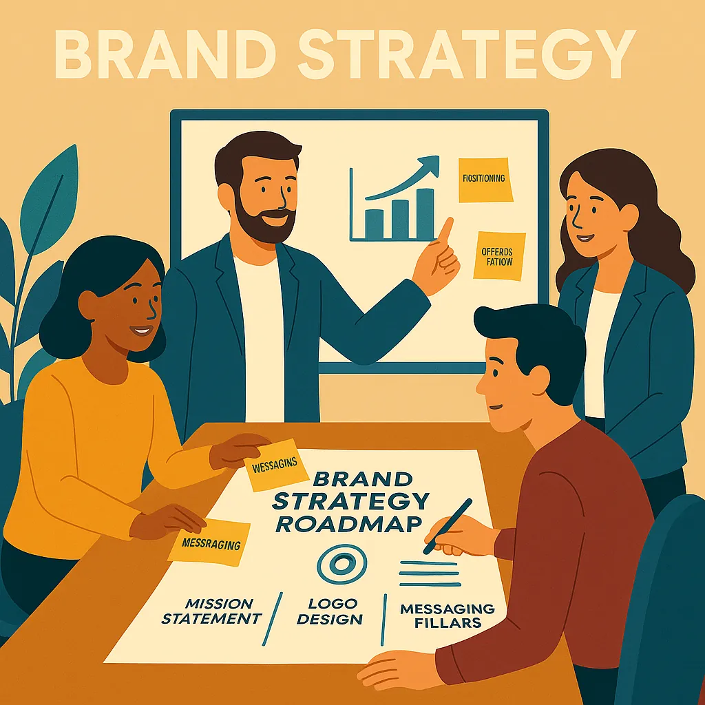 Diverse marketing team collaborates on brand strategy roadmap in a conference room.