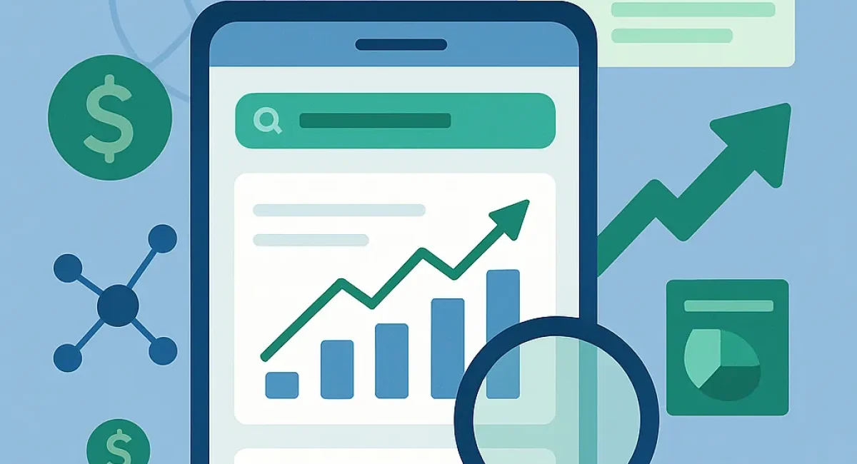 Illustration of FinTech SEO showing financial graphs, search icons, and online visibility elements