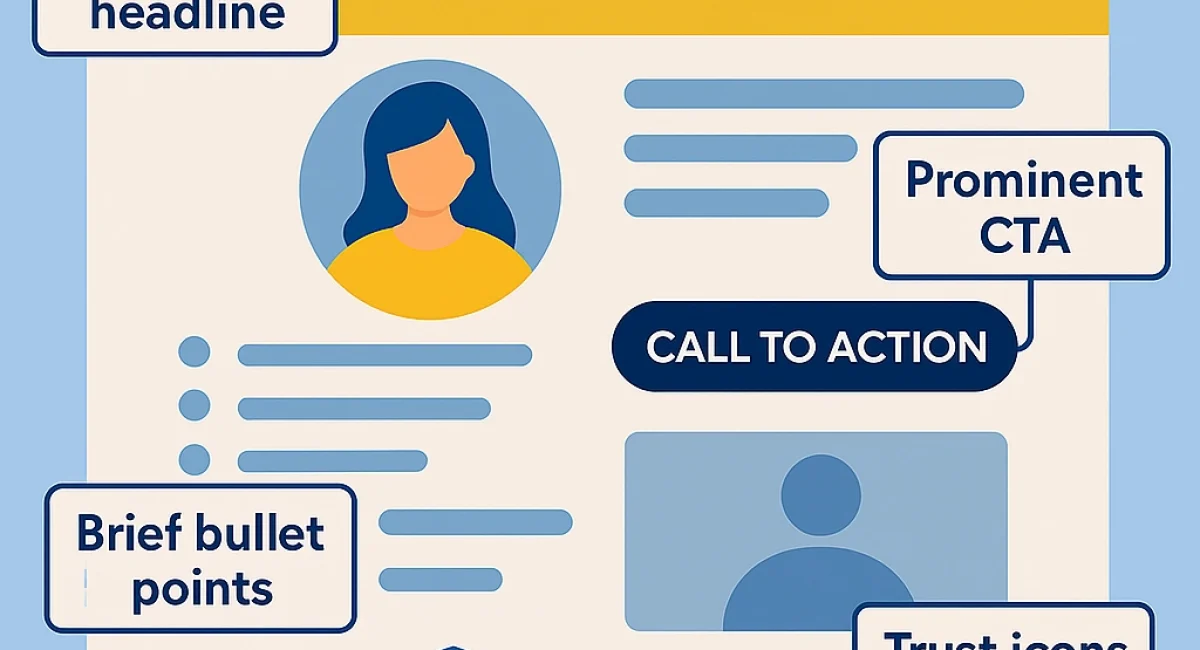 Illustration of a landing page layout with callouts for headline, CTA, bullet points, and trust icons.