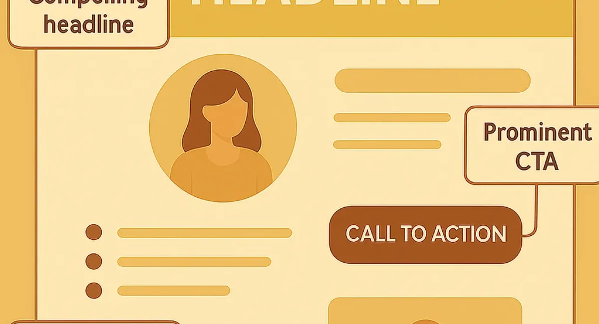 Infographic of landing page best practices with headline, bullet points, CTA, and trust icons.