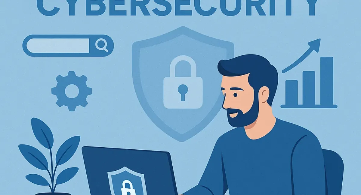 Illustration of a man working on a secure laptop with SEO and cybersecurity icons around him, symbolizing SEO strategies for cybersecurity.